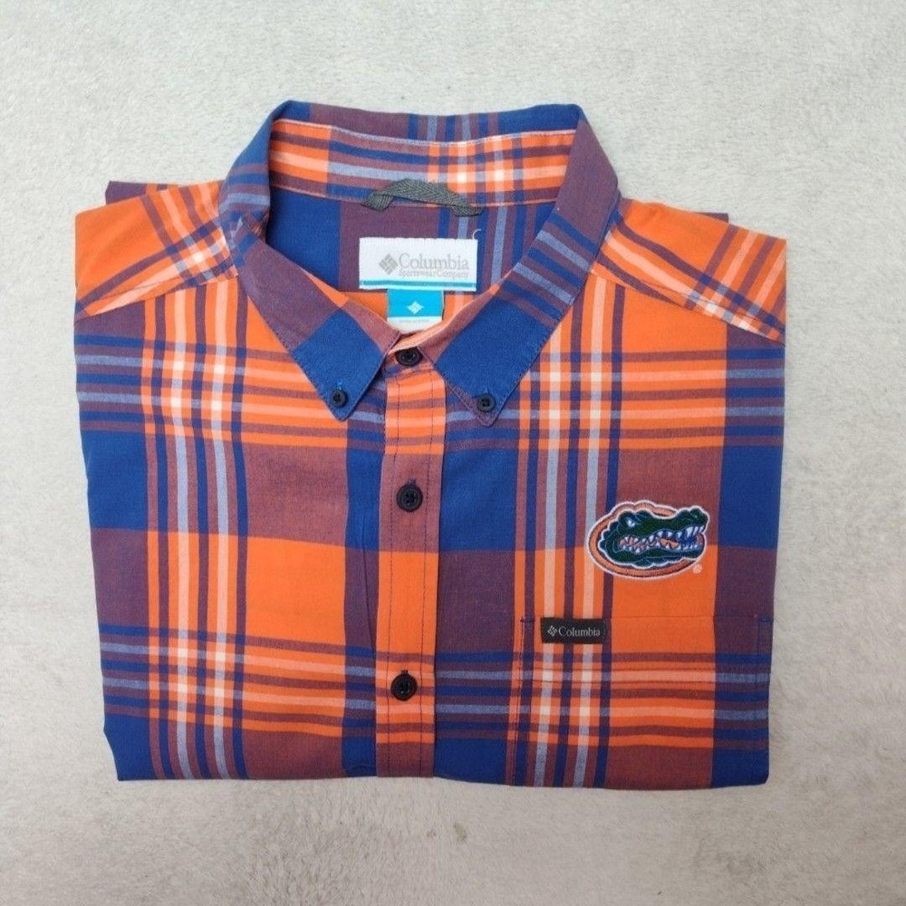 Florida Gators Columbia Shirt Mens Large Orange Blue Plaid Button-Up Embroidered